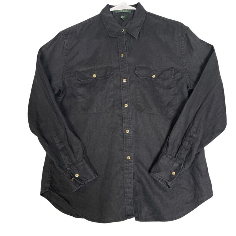lauren ralph lauren women black 100% linen button front shirt size m gold button